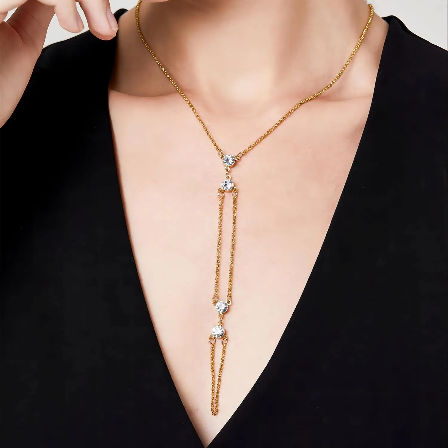 Gold Hand Chain Bracelet 14K Gold Plated Rhinestone Ring Bracelet Hand Chain and Neck Chain 2 in 1 for Women