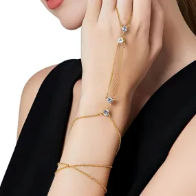 Gold Hand Chain Bracelet 14K Gold Plated Rhinestone Ring Bracelet Hand Chain and Neck Chain 2 in 1 for Women