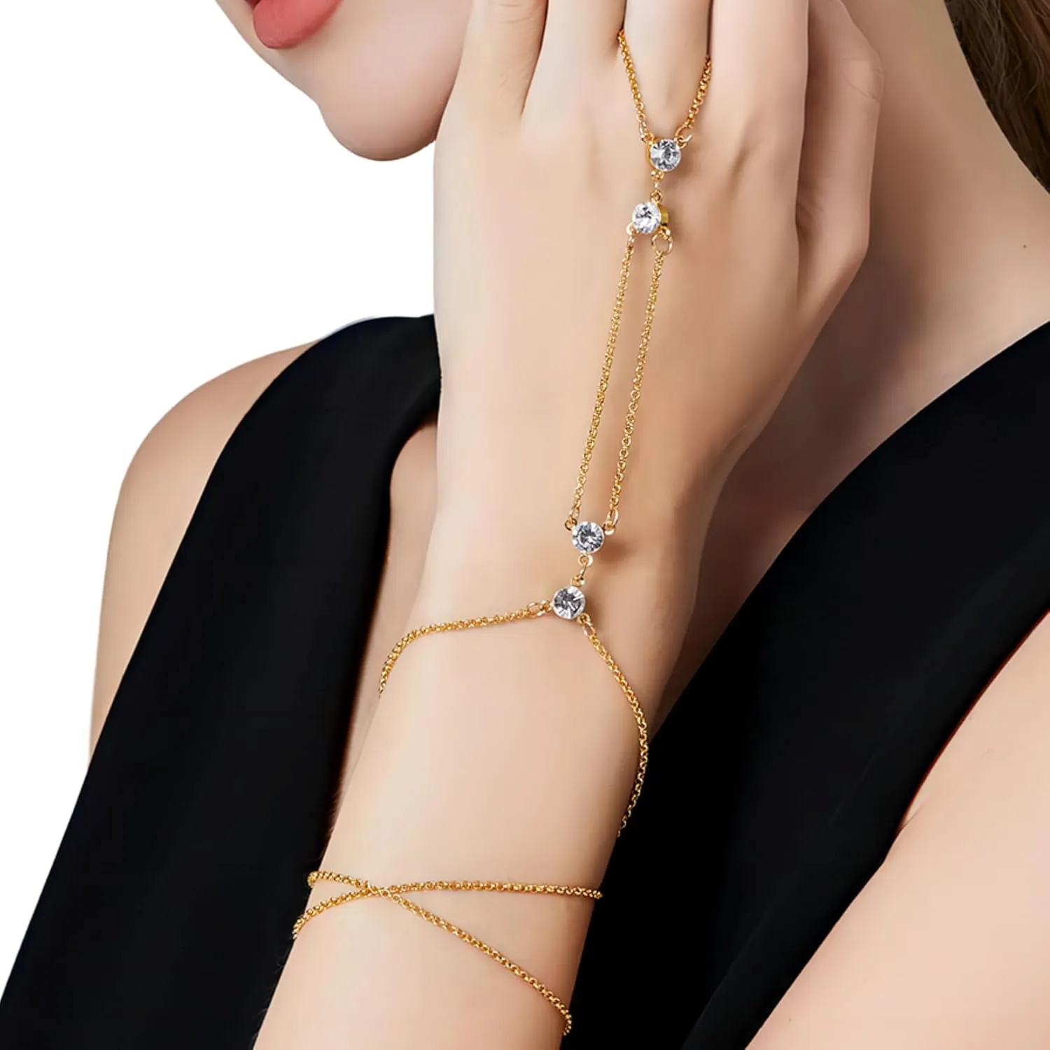 Gold Hand Chain Bracelet 14K Gold Plated Rhinestone Ring Bracelet Hand Chain and Neck Chain 2 in 1 for Women