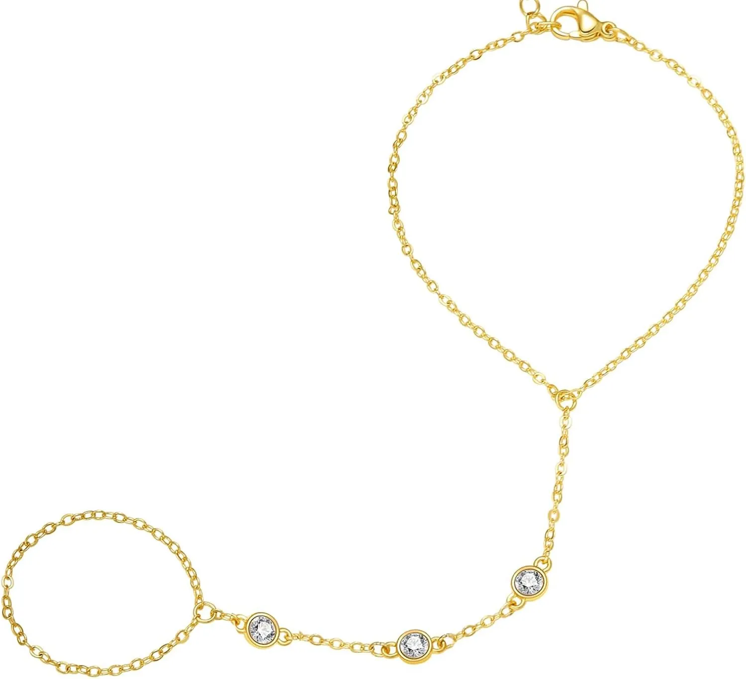 Gold Hand Chain Bracelet with Rings, Stylish Ring Bracelet Hand Chain with Cubic Zirconia, Elegant Chain Hand Bracelet for Women, Fashionable Hand Chain Bracelet Jewelry