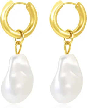 Gold Pearl Earrings For Women, Trendy Pearl Dangle Earrings Chunky Pearl Hoop Earrings Elegant Gold Hoop Earrings Bridal hoop earrings Earrings For Prom Wedding Party Earrings