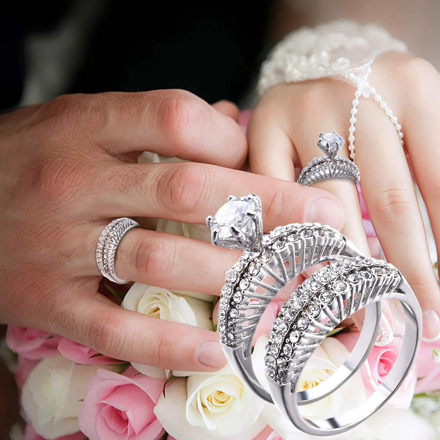 Gold-Plated Bridal Ring Wedding Engagement Bridal Ring Set, Round Crystal Stone, Women's Wedding Rings