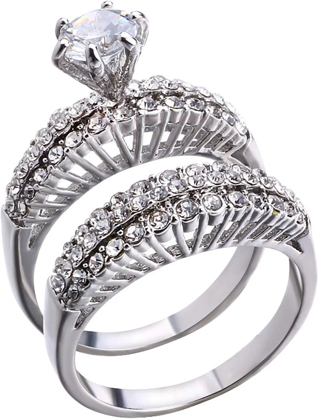 Gold-Plated Bridal Ring Wedding Engagement Bridal Ring Set, Round Crystal Stone, Women's Wedding Rings