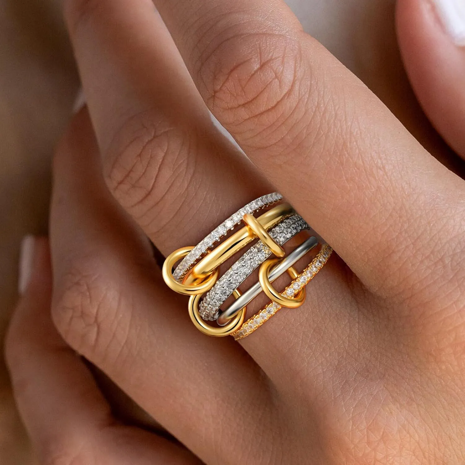 Gold Stackable Rings for Women, 14K Gold Plated Cubic Zirconia Rings, Silver Gold Multi Ring Mixed Metals Stackable Ring Set for Women Non Tarnish