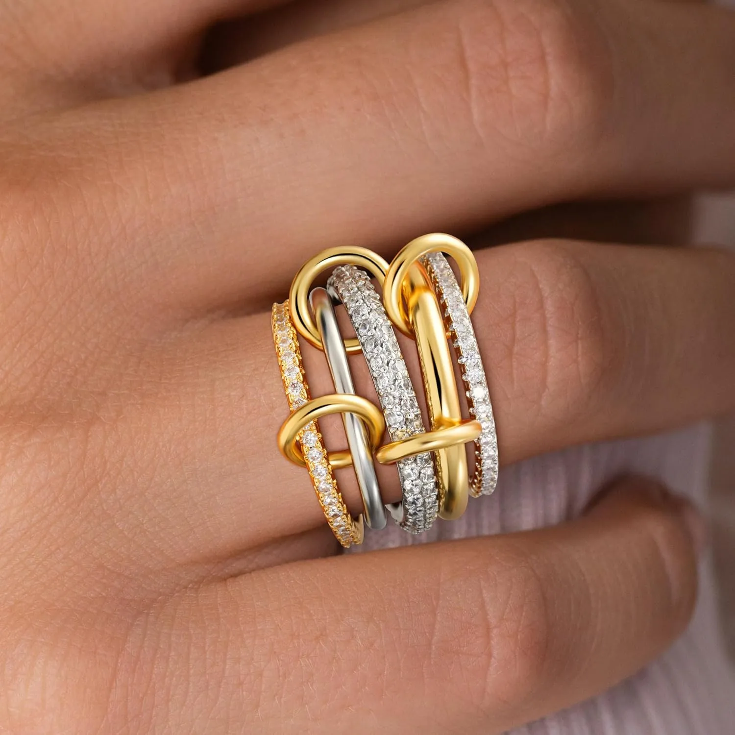 Gold Stackable Rings for Women, 14K Gold Plated Cubic Zirconia Rings, Silver Gold Multi Ring Mixed Metals Stackable Ring Set for Women Non Tarnish