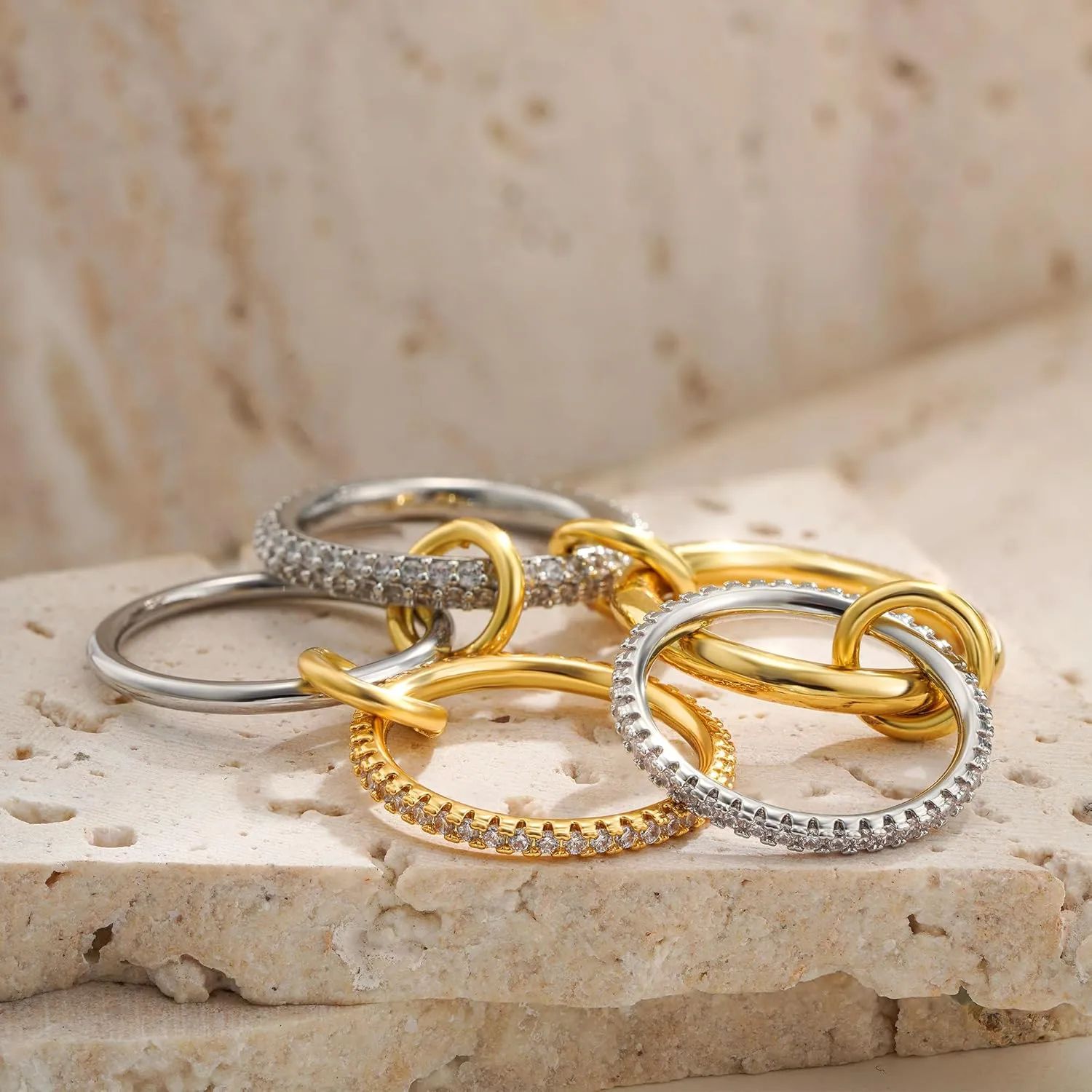 Gold Stackable Rings for Women, 14K Gold Plated Cubic Zirconia Rings, Silver Gold Multi Ring Mixed Metals Stackable Ring Set for Women Non Tarnish