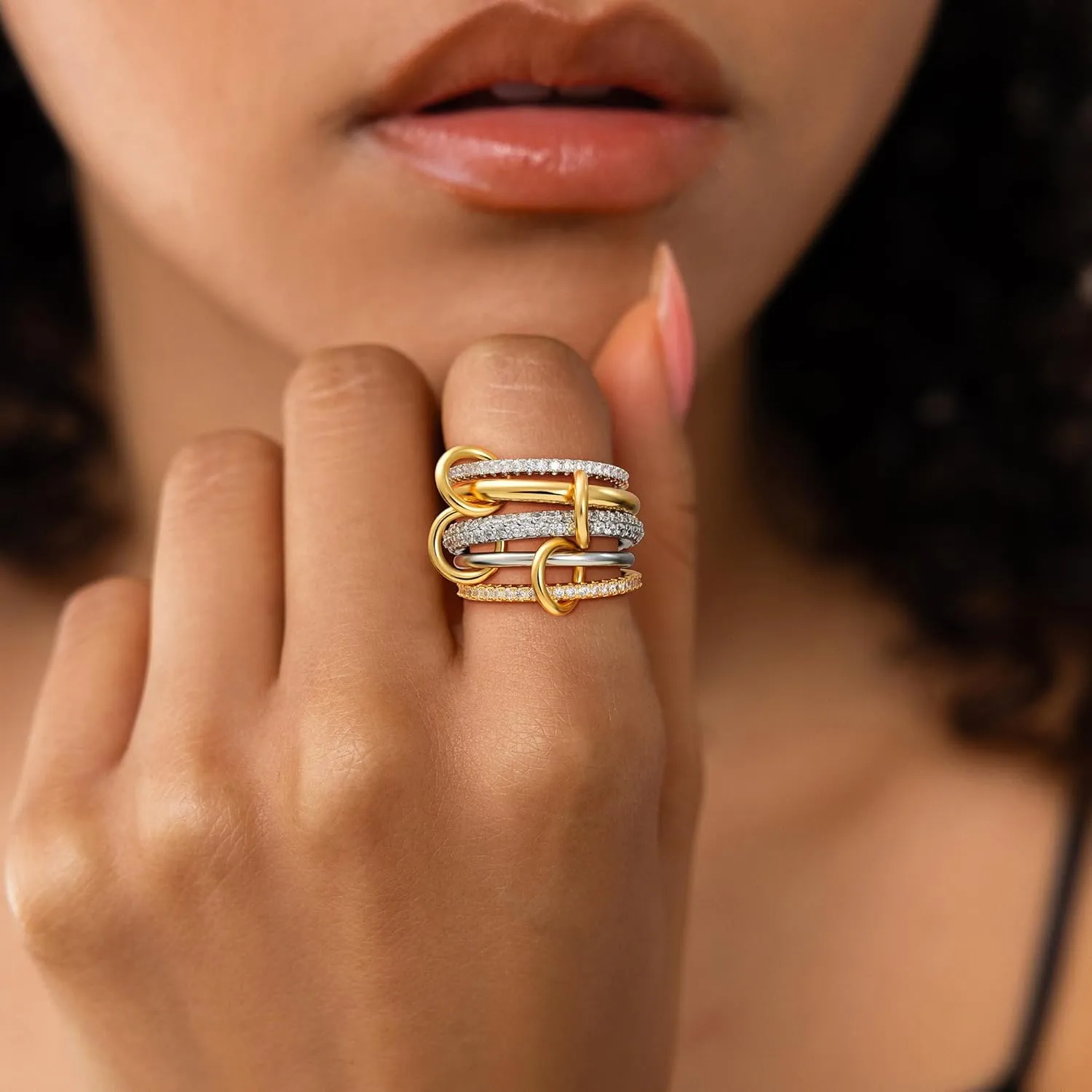 Gold Stackable Rings for Women, 14K Gold Plated Cubic Zirconia Rings, Silver Gold Multi Ring Mixed Metals Stackable Ring Set for Women Non Tarnish