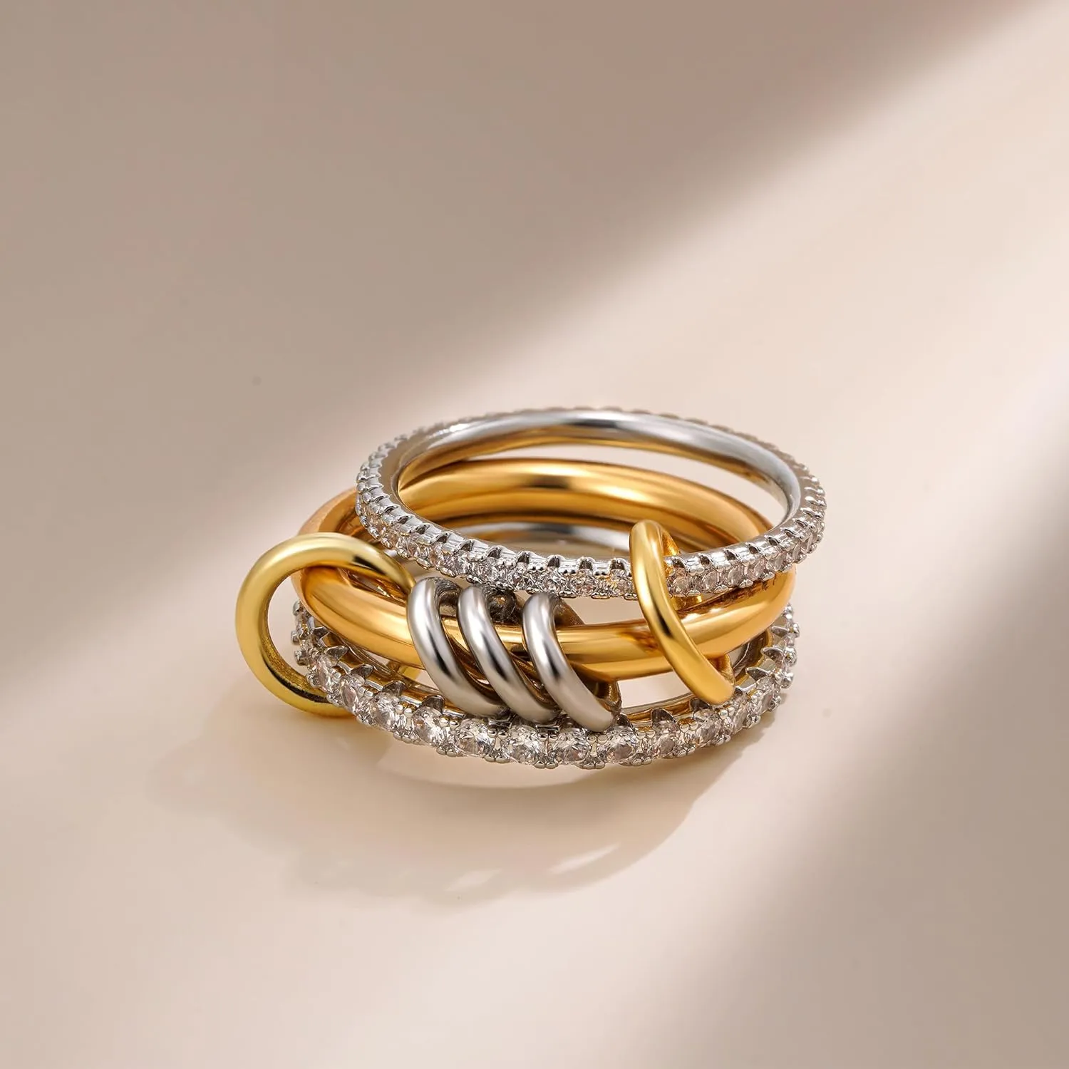 Gold Stackable Rings for Women, 18K Gold Plated CZ Cubic Zircon Rings, Gold Silver Multi Ring Mixed Metals Stack Rings Non Tarnish