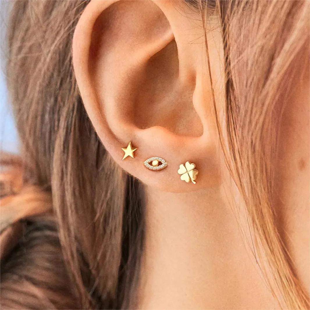 Gold Stud Earrings for Women, Hypoallergenic 925 Sterling Silver Small Earrings for Multiple Piercing Trendy Jewelry, Dainty Evil Eye Star Stud Earrings Set for Gifts
