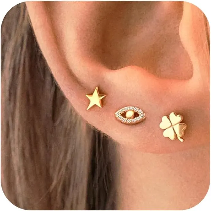 Gold Stud Earrings for Women, Hypoallergenic 925 Sterling Silver Small Earrings for Multiple Piercing Trendy Jewelry, Dainty Evil Eye Star Stud Earrings Set for Gifts