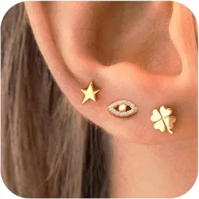 Gold Stud Earrings for Women, Hypoallergenic 925 Sterling Silver Small Earrings for Multiple Piercing Trendy Jewelry, Dainty Evil Eye Star Stud Earrings Set for Gifts