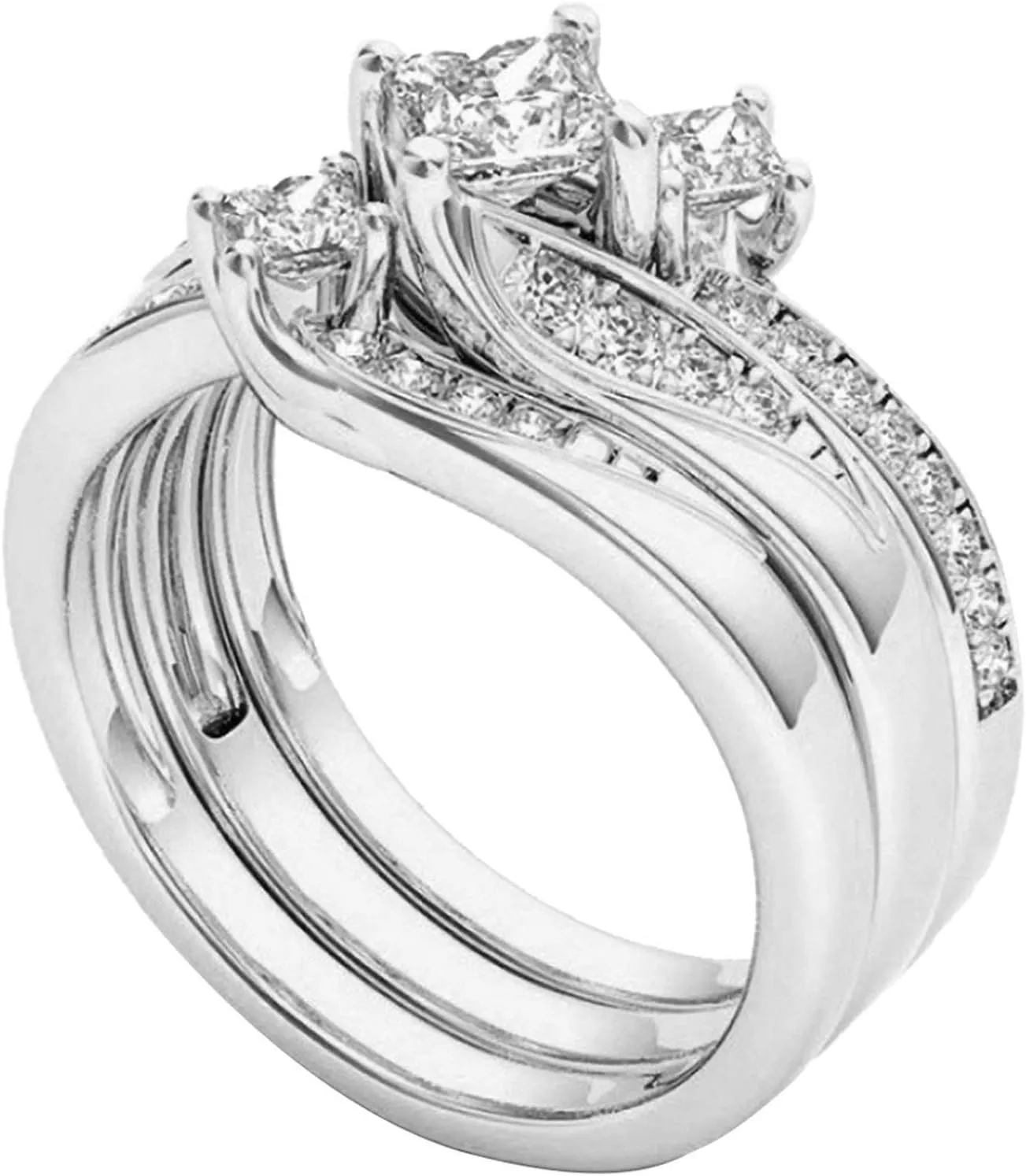 Gold Three-in-One Wedding Engagement Bridal Ring Set Cubic Zirconia CZ 3pc Dainty Stackable Ring Set Jewelry