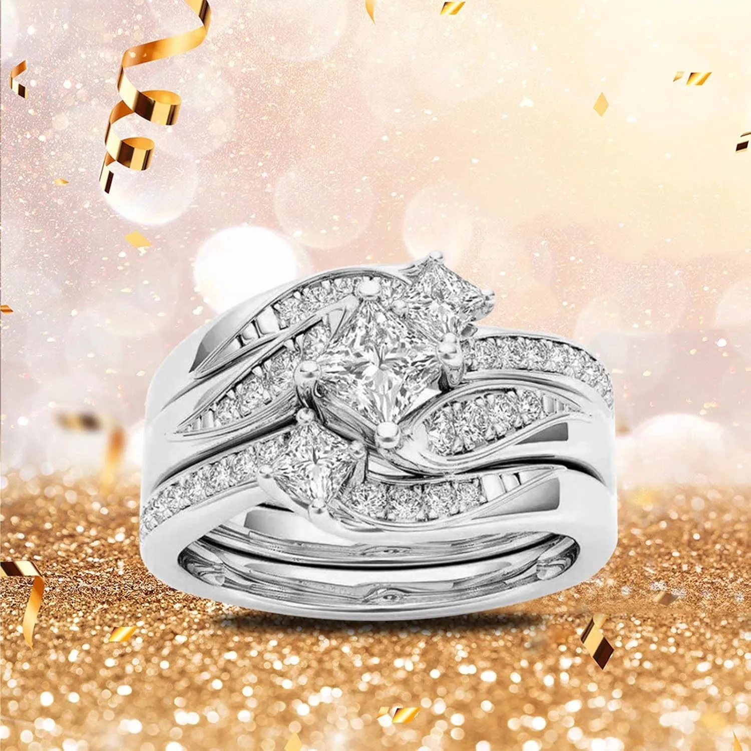 Gold Three-in-One Wedding Engagement Bridal Ring Set Cubic Zirconia CZ 3pc Dainty Stackable Ring Set Jewelry