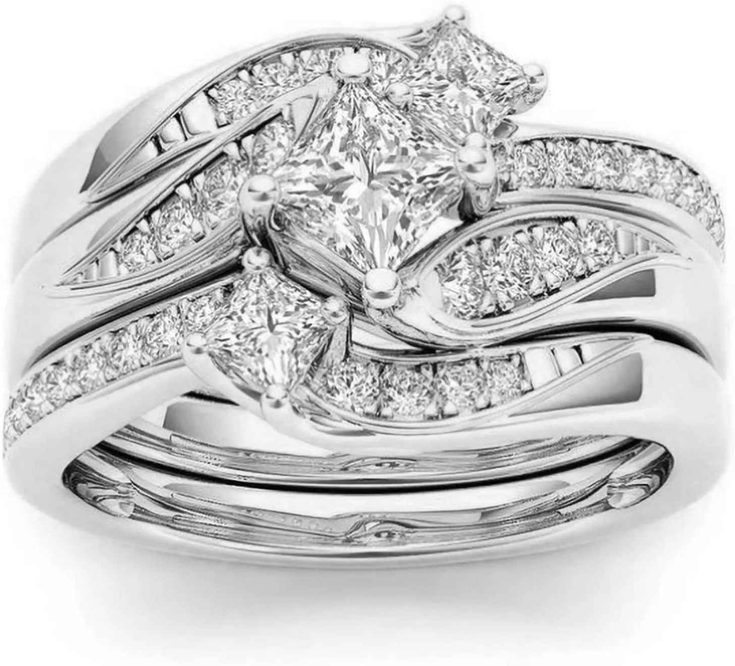 Gold Three-in-One Wedding Engagement Bridal Ring Set Cubic Zirconia CZ 3pc Dainty Stackable Ring Set Jewelry