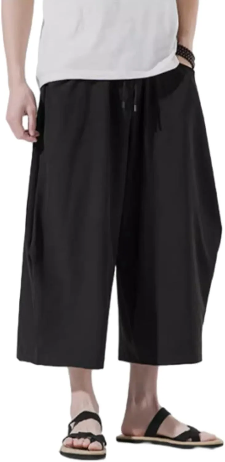 Harem Pants Men Casual Drawstring Elastic Waist Linen Cropped Trouser Loose Breatheable Shorts Beach Boho Yoga Pocket