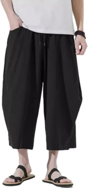 Harem Pants Men Casual Drawstring Elastic Waist Linen Cropped Trouser Loose Breatheable Shorts Beach Boho Yoga Pocket