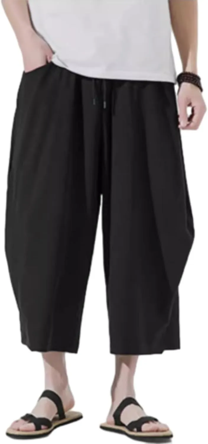Harem Pants Men Casual Drawstring Elastic Waist Linen Cropped Trouser Loose Breatheable Shorts Beach Boho Yoga Pocket