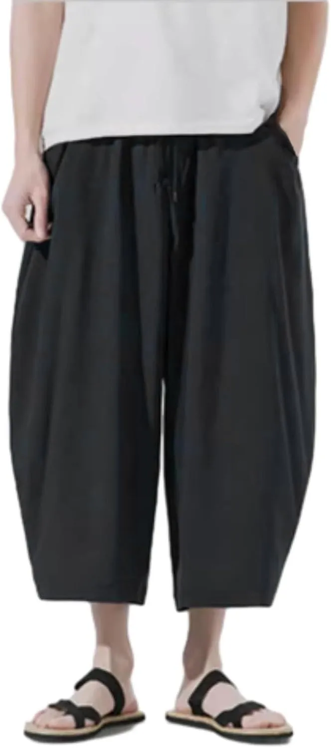 Harem Pants Men Casual Drawstring Elastic Waist Linen Cropped Trouser Loose Breatheable Shorts Beach Boho Yoga Pocket