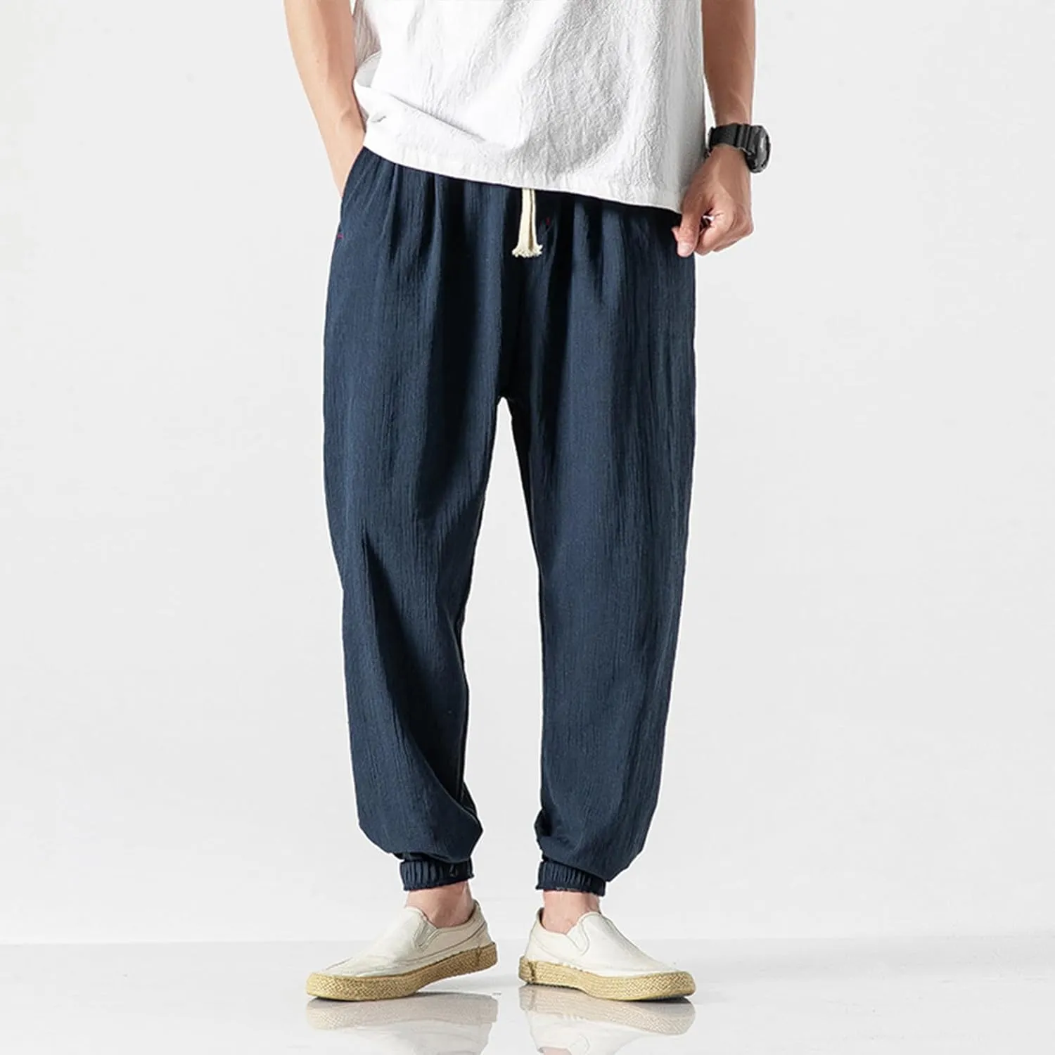 Harem Pants Men with Pockets Plus Size Drawstring Tapered Pants Elastic Waist Casual Summer Joggers Lounge Trousers