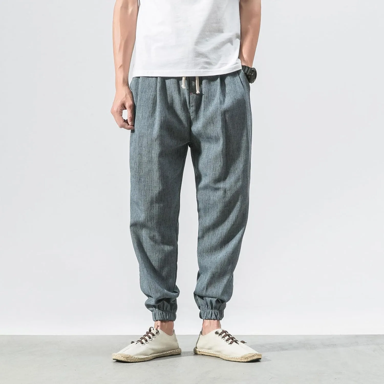 Harem Pants Men with Pockets Plus Size Drawstring Tapered Pants Elastic Waist Casual Summer Joggers Lounge Trousers