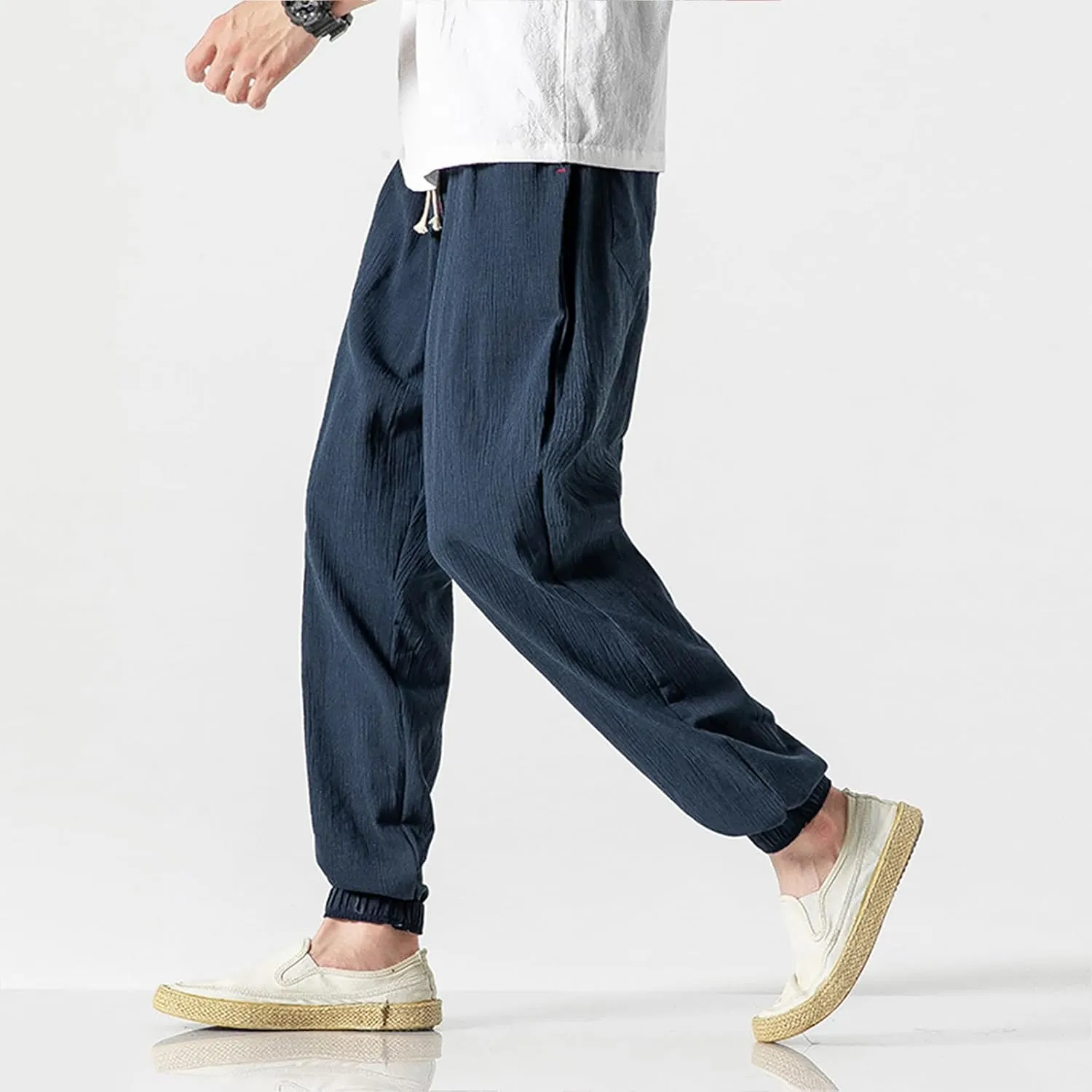 Harem Pants Men with Pockets Plus Size Drawstring Tapered Pants Elastic Waist Casual Summer Joggers Lounge Trousers