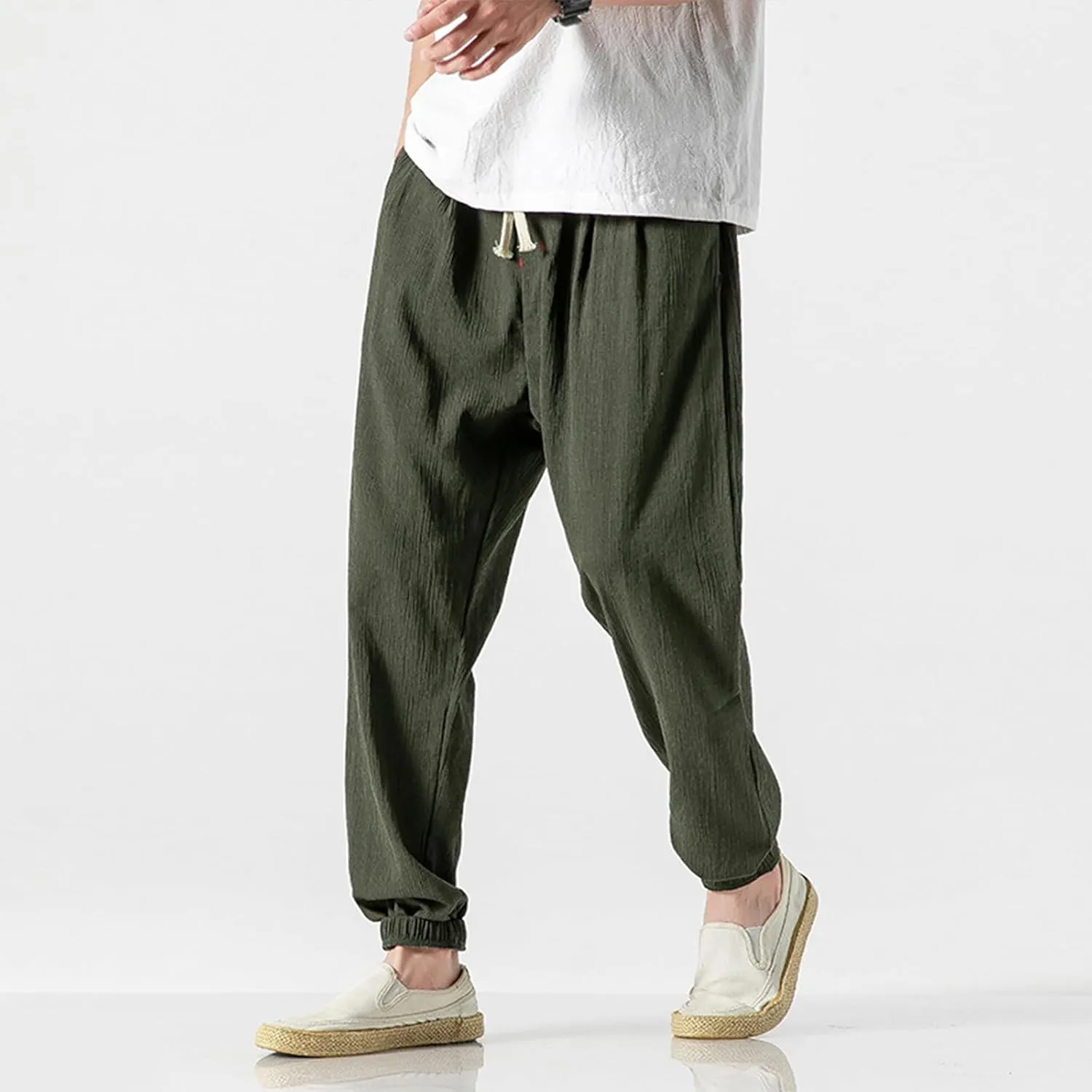 Harem Pants Men with Pockets Plus Size Drawstring Tapered Pants Elastic Waist Casual Summer Joggers Lounge Trousers