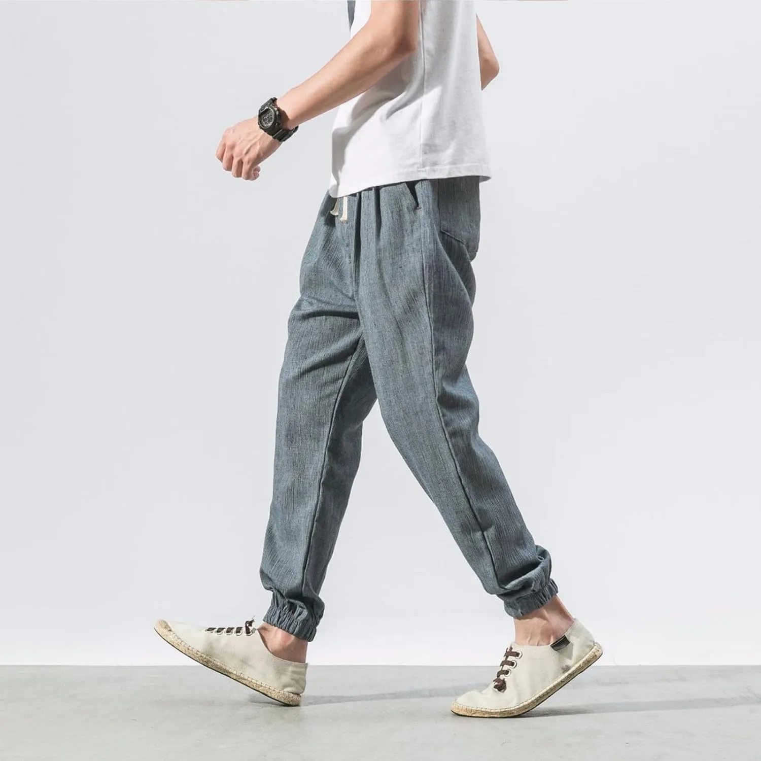 Harem Pants Men with Pockets Plus Size Drawstring Tapered Pants Elastic Waist Casual Summer Joggers Lounge Trousers