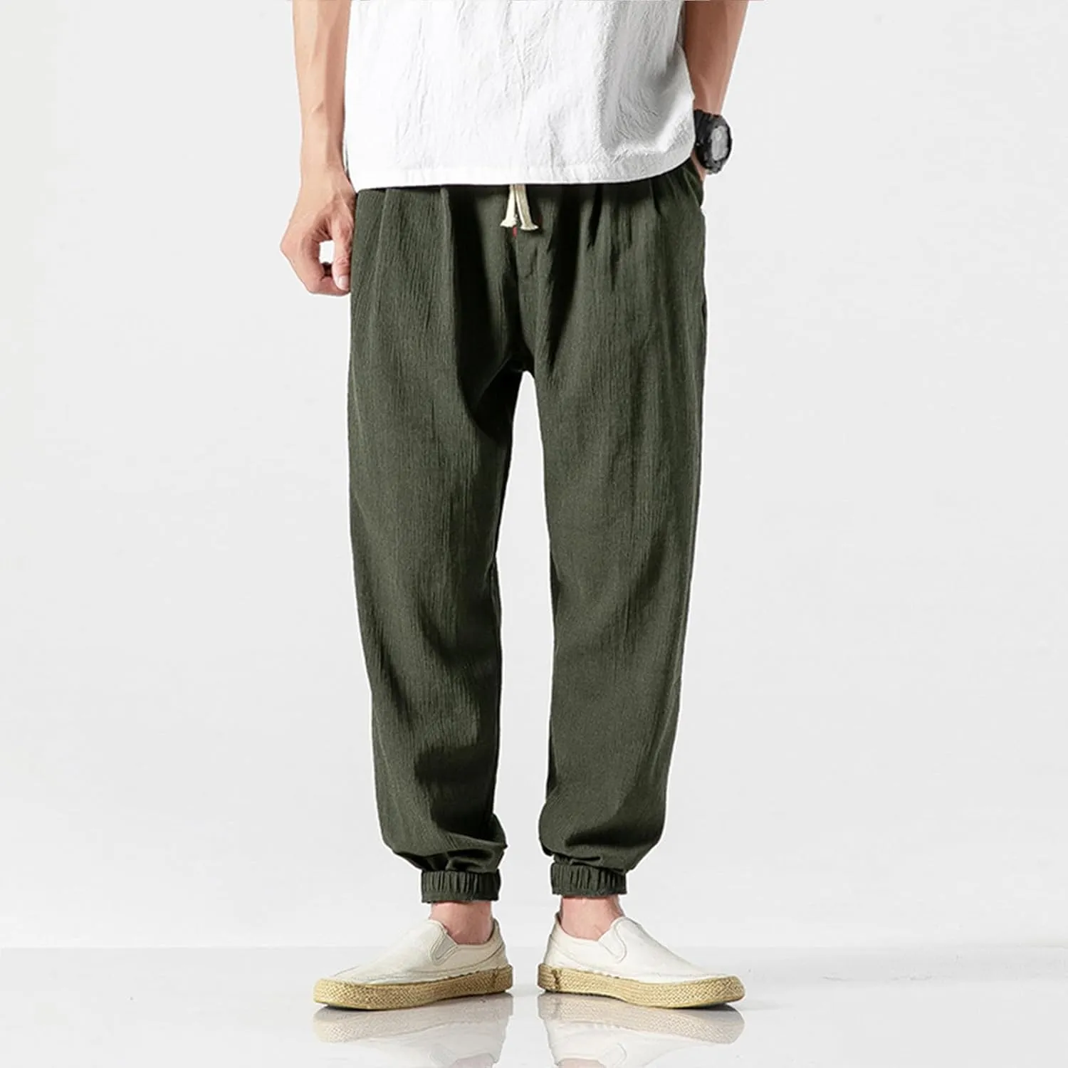 Harem Pants Men with Pockets Plus Size Drawstring Tapered Pants Elastic Waist Casual Summer Joggers Lounge Trousers