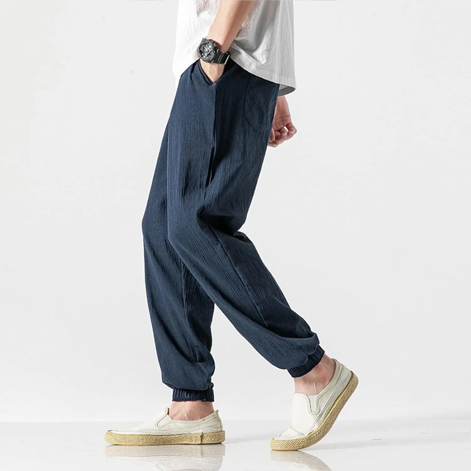 Harem Pants Men with Pockets Plus Size Drawstring Tapered Pants Elastic Waist Casual Summer Joggers Lounge Trousers