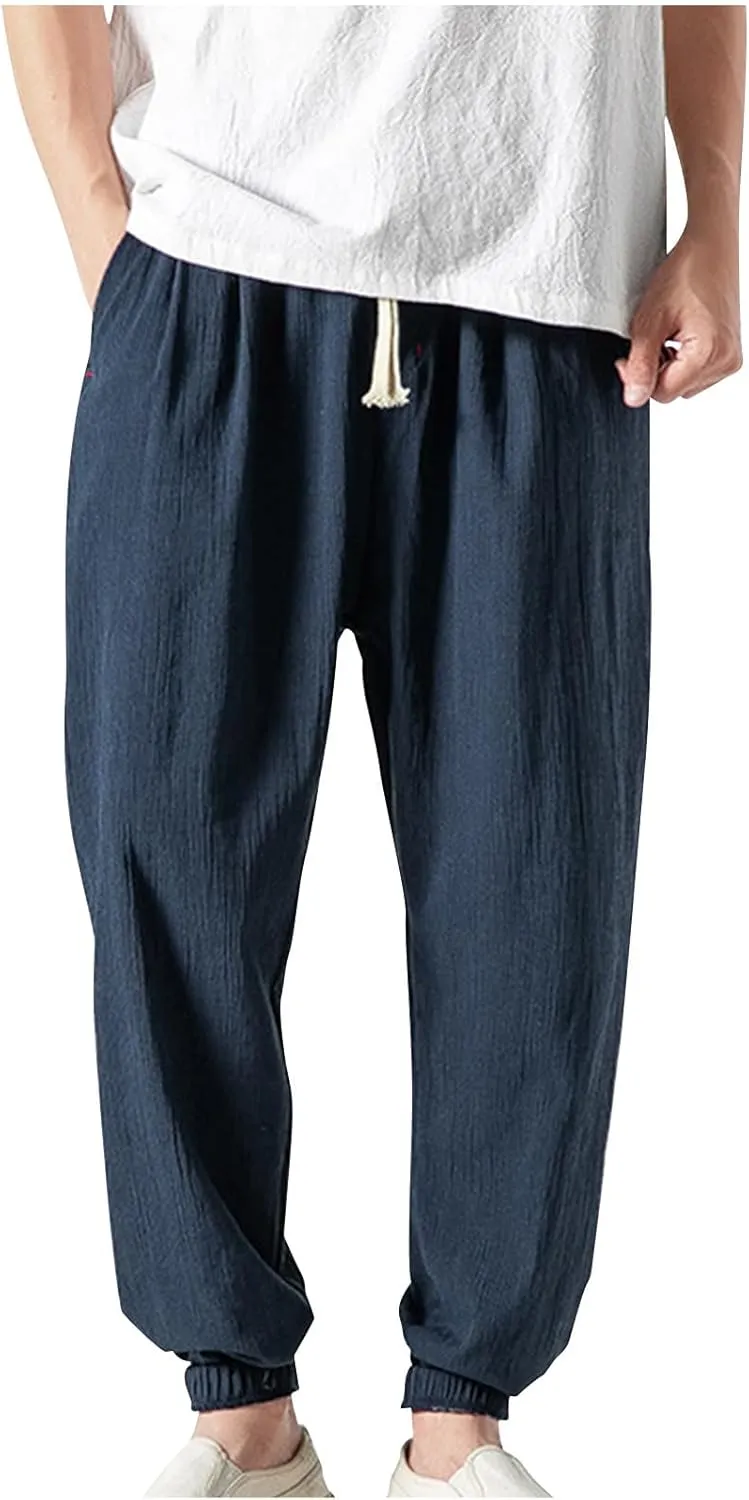 Harem Pants Men with Pockets Plus Size Drawstring Tapered Pants Elastic Waist Casual Summer Joggers Lounge Trousers