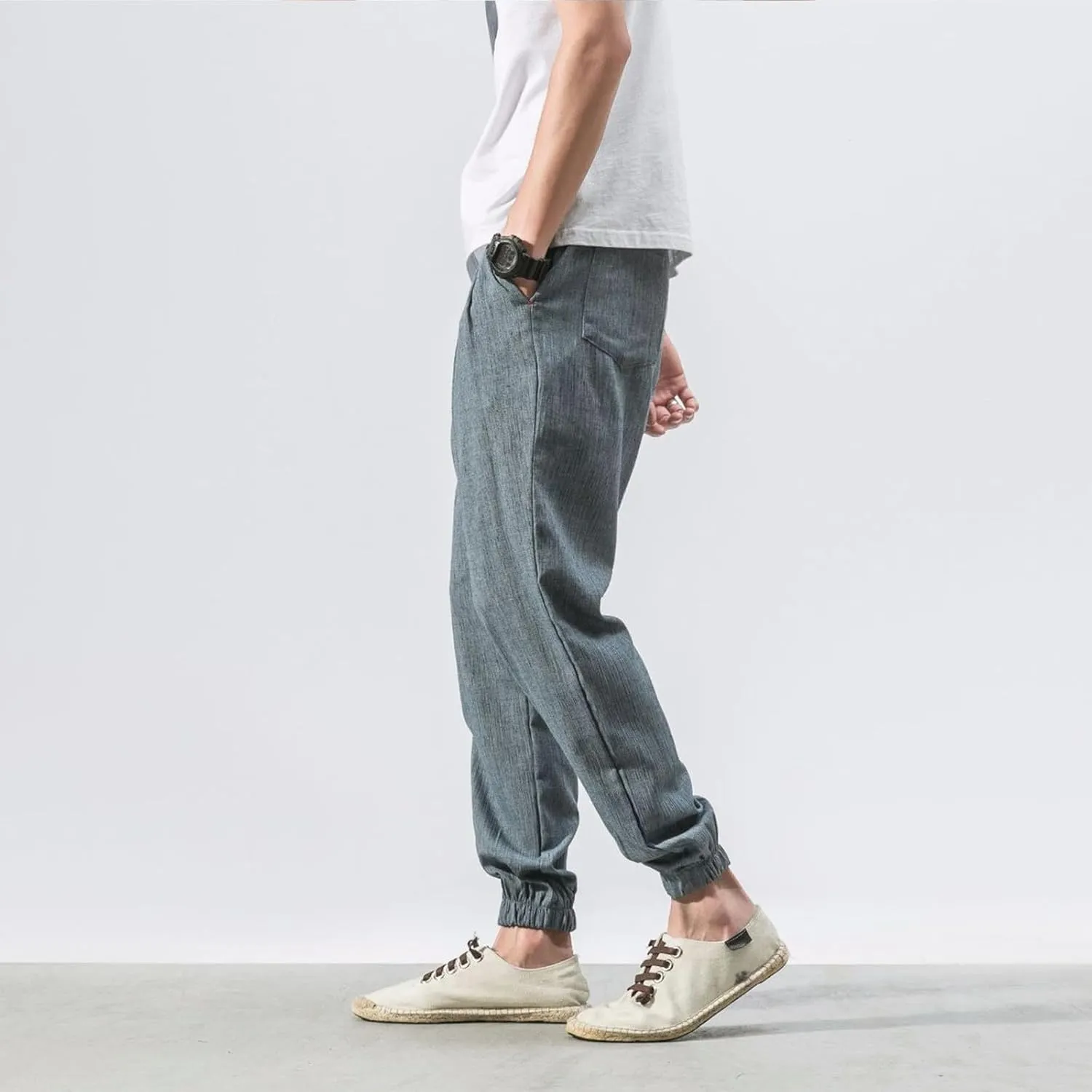 Harem Pants Men with Pockets Plus Size Drawstring Tapered Pants Elastic Waist Casual Summer Joggers Lounge Trousers