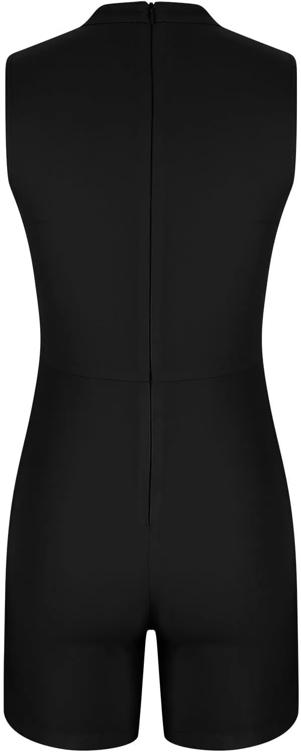 HGps8w Womens Dressy Shorts Rompers Elegant Split Front Mock Neck Casual Sleeveless Ladies Business Office Jumpsuits
