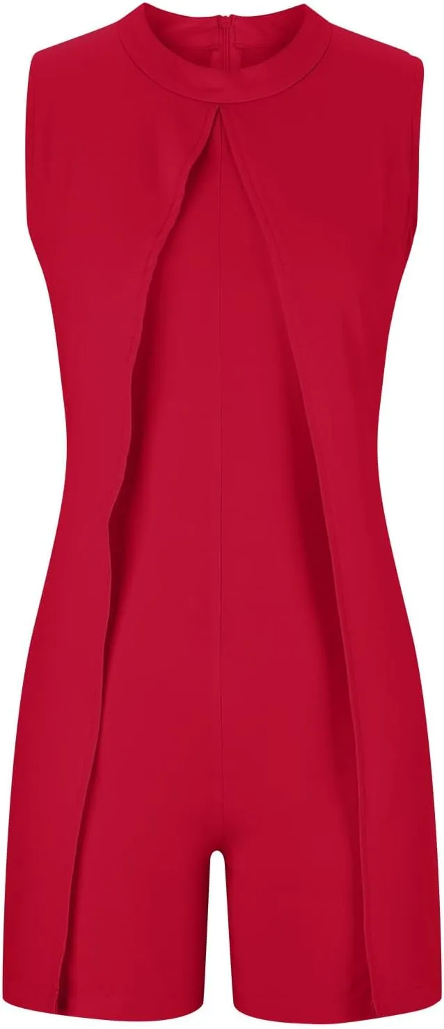 HGps8w Womens Dressy Shorts Rompers Elegant Split Front Mock Neck Casual Sleeveless Ladies Business Office Jumpsuits