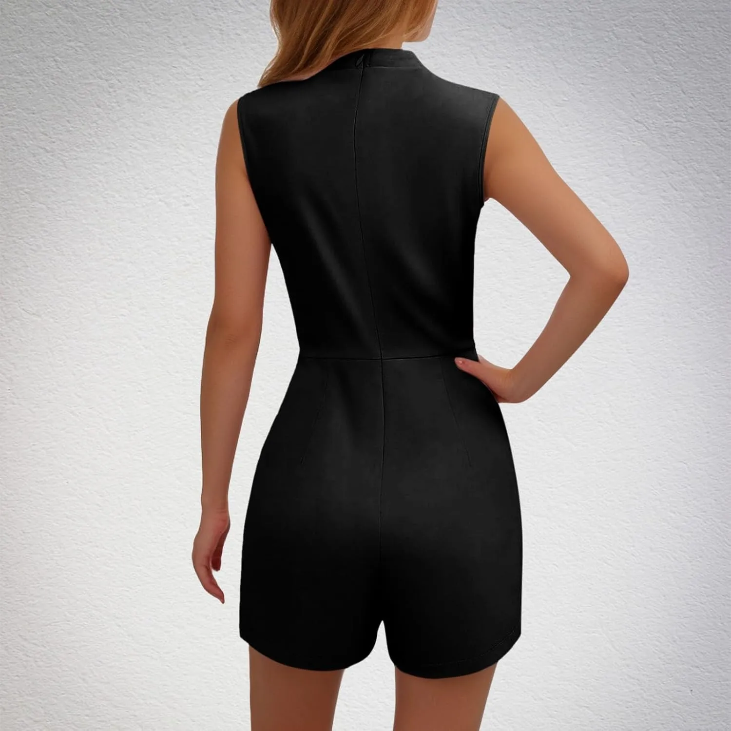 HGps8w Womens Dressy Shorts Rompers Elegant Split Front Mock Neck Casual Sleeveless Ladies Business Office Jumpsuits