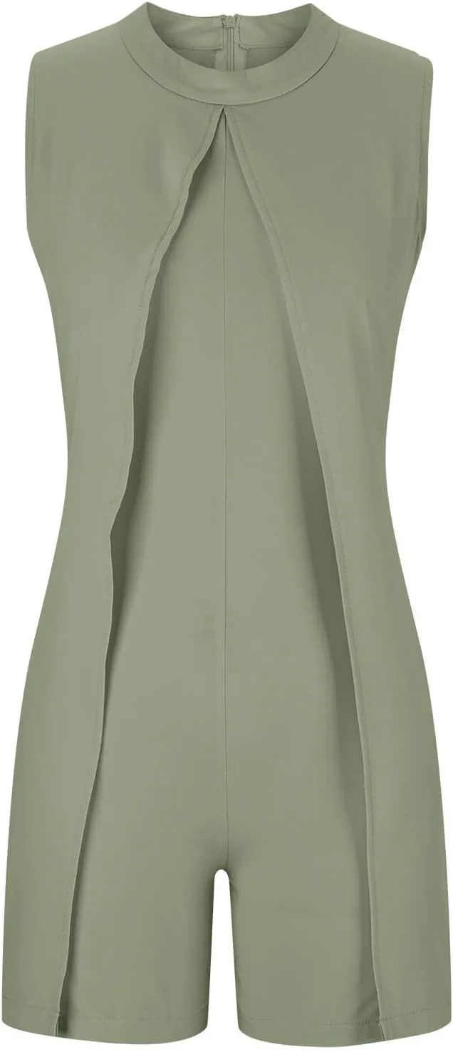 HGps8w Womens Dressy Shorts Rompers Elegant Split Front Mock Neck Casual Sleeveless Ladies Business Office Jumpsuits