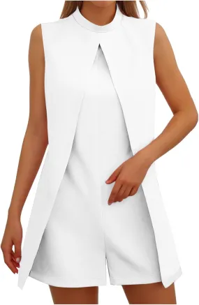 HGps8w Womens Dressy Shorts Rompers Elegant Split Front Mock Neck Casual Sleeveless Ladies Business Office Jumpsuits