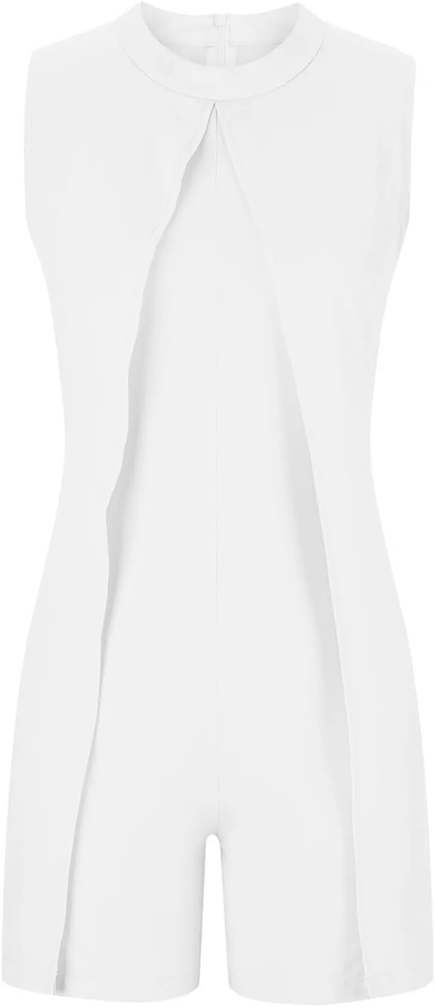 HGps8w Womens Dressy Shorts Rompers Elegant Split Front Mock Neck Casual Sleeveless Ladies Business Office Jumpsuits