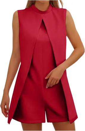 HGps8w Womens Dressy Shorts Rompers Elegant Split Front Mock Neck Casual Sleeveless Ladies Business Office Jumpsuits