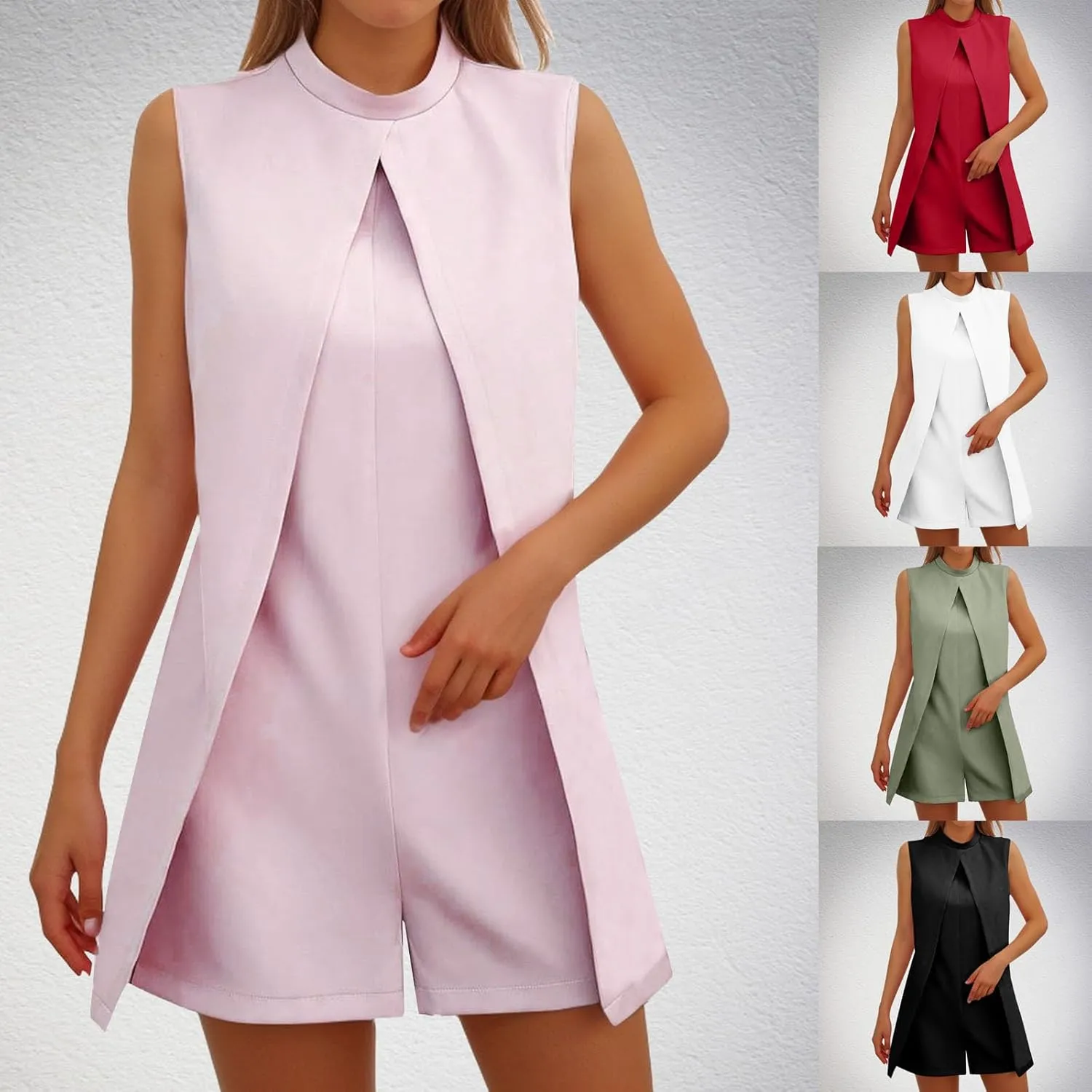 HGps8w Womens Dressy Shorts Rompers Elegant Split Front Mock Neck Casual Sleeveless Ladies Business Office Jumpsuits