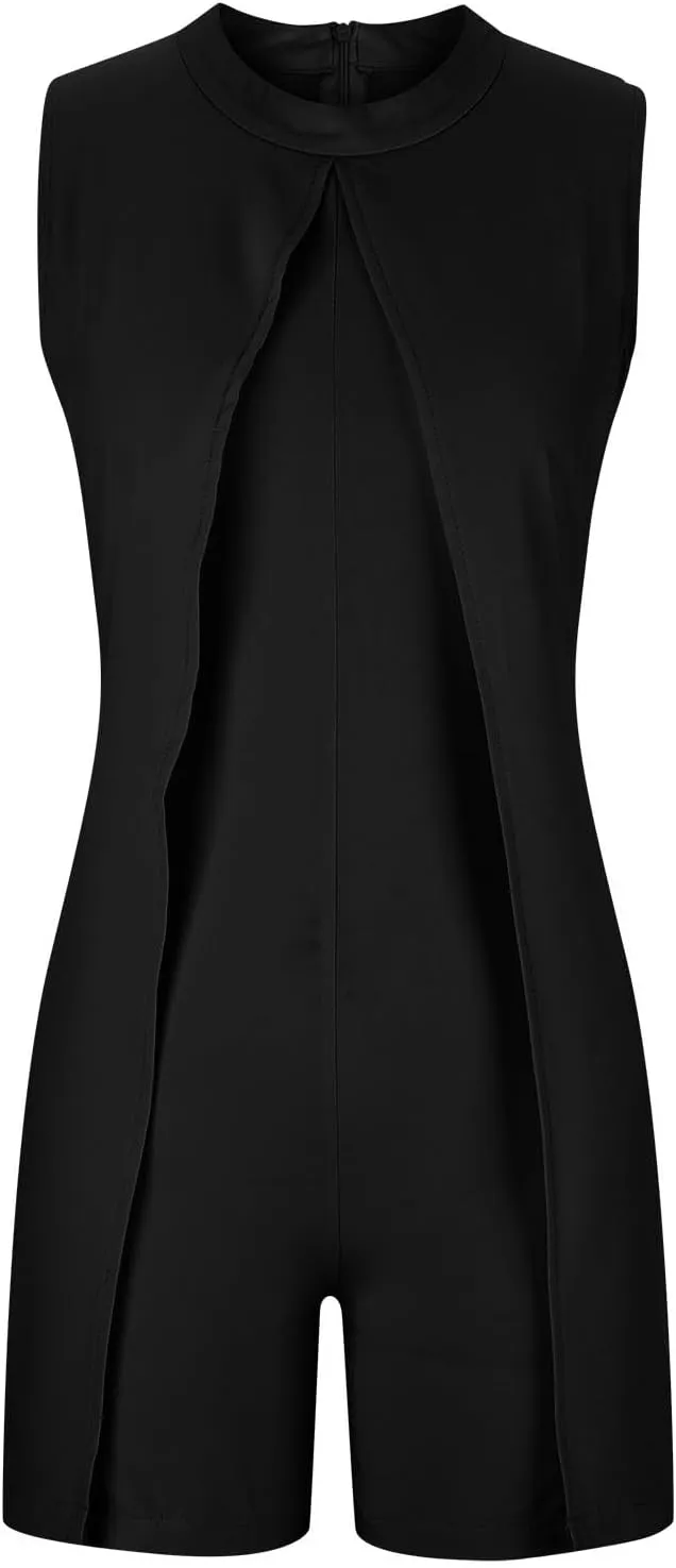 HGps8w Womens Dressy Shorts Rompers Elegant Split Front Mock Neck Casual Sleeveless Ladies Business Office Jumpsuits