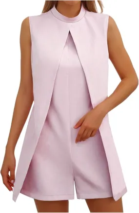HGps8w Womens Dressy Shorts Rompers Elegant Split Front Mock Neck Casual Sleeveless Ladies Business Office Jumpsuits