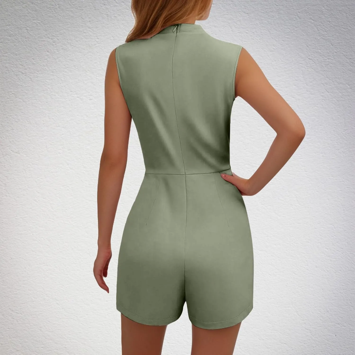 HGps8w Womens Dressy Shorts Rompers Elegant Split Front Mock Neck Casual Sleeveless Ladies Business Office Jumpsuits