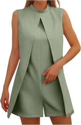 HGps8w Womens Dressy Shorts Rompers Elegant Split Front Mock Neck Casual Sleeveless Ladies Business Office Jumpsuits