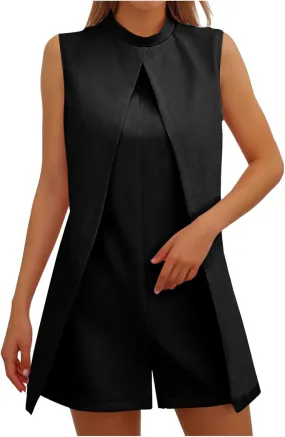 HGps8w Womens Dressy Shorts Rompers Elegant Split Front Mock Neck Casual Sleeveless Ladies Business Office Jumpsuits