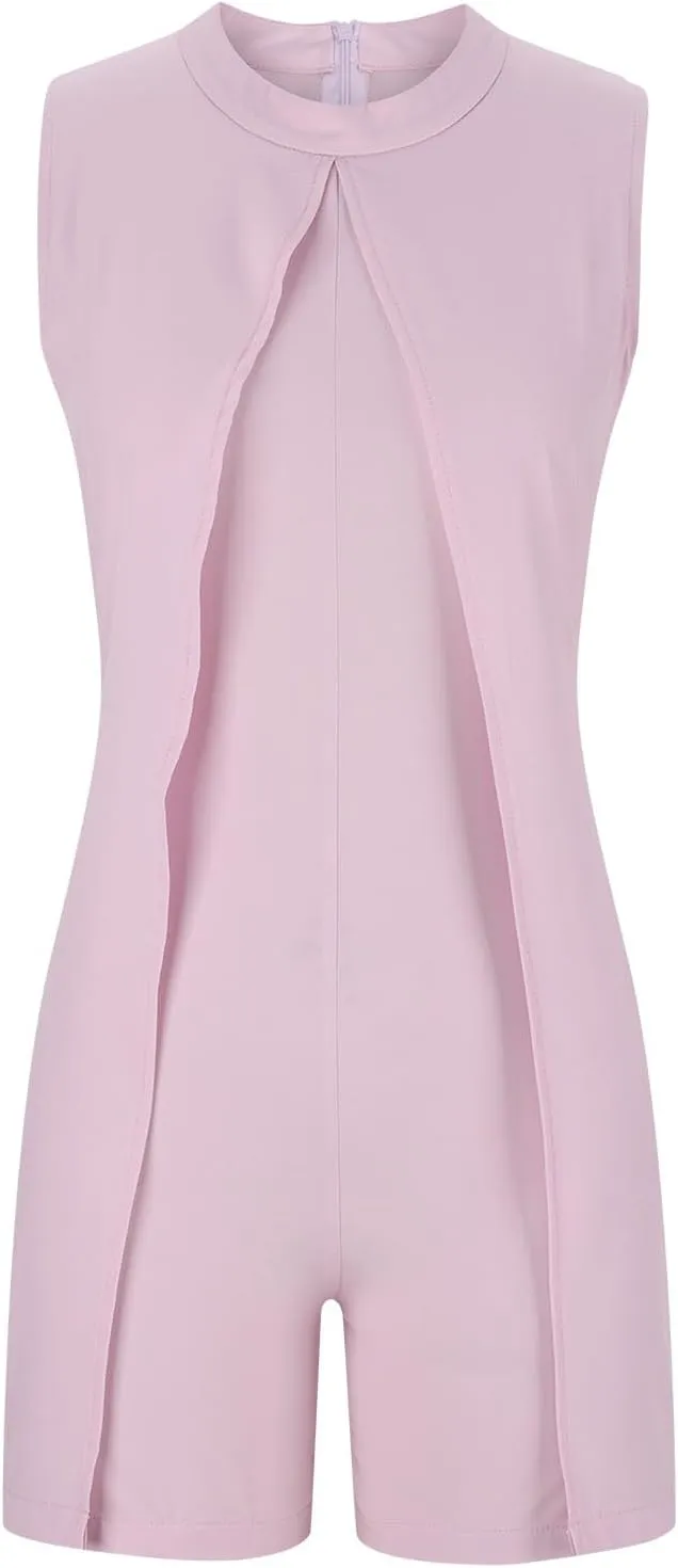 HGps8w Womens Dressy Shorts Rompers Elegant Split Front Mock Neck Casual Sleeveless Ladies Business Office Jumpsuits