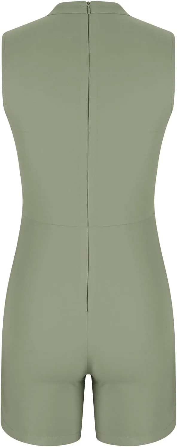 HGps8w Womens Dressy Shorts Rompers Elegant Split Front Mock Neck Casual Sleeveless Ladies Business Office Jumpsuits