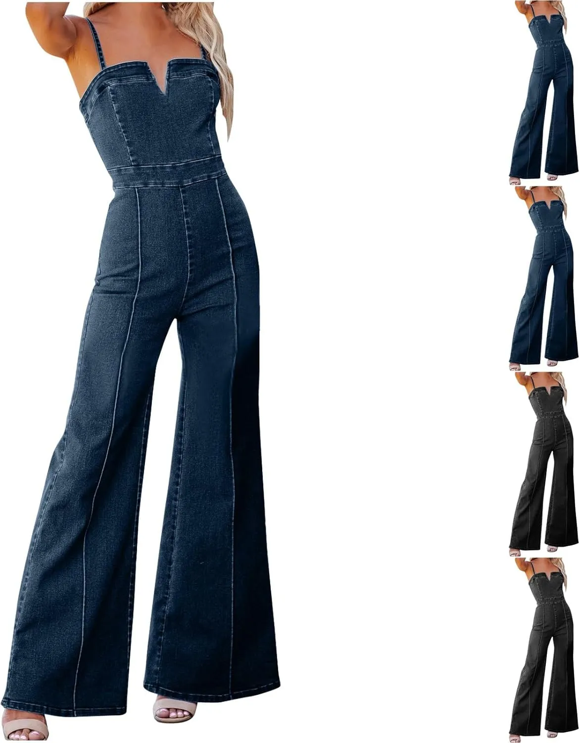 HGps8w Women's Flare Denim Jumpsuits Vintage Distressed Adjustable Strap Stretchy Sleeveless One Piece Jeans Pants Rompers