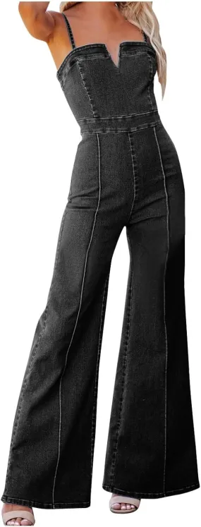 HGps8w Women's Flare Denim Jumpsuits Vintage Distressed Adjustable Strap Stretchy Sleeveless One Piece Jeans Pants Rompers