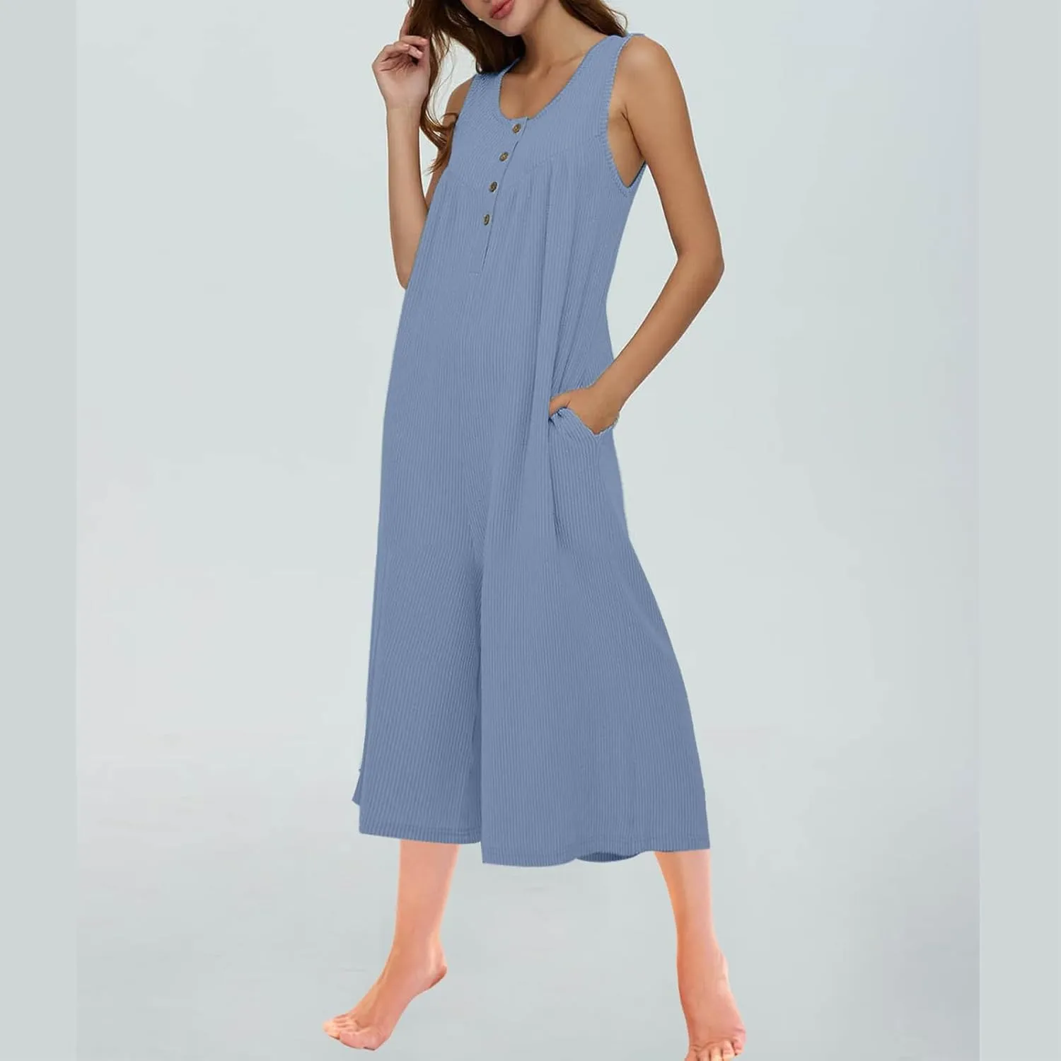 HGps8w Womens Ribbed Wide Leg Jumpsuits Casual Summer Sleeveless Button Up Pleated Loose Cropped Rompers with Pockets