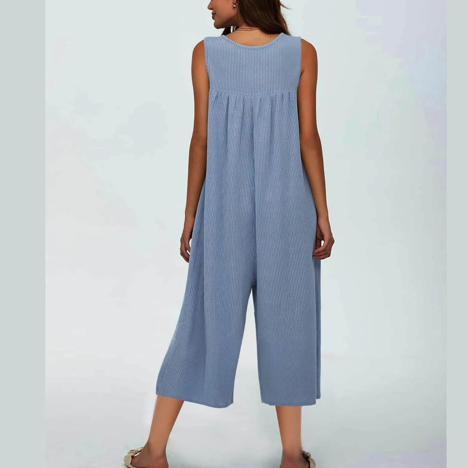 HGps8w Womens Ribbed Wide Leg Jumpsuits Casual Summer Sleeveless Button Up Pleated Loose Cropped Rompers with Pockets